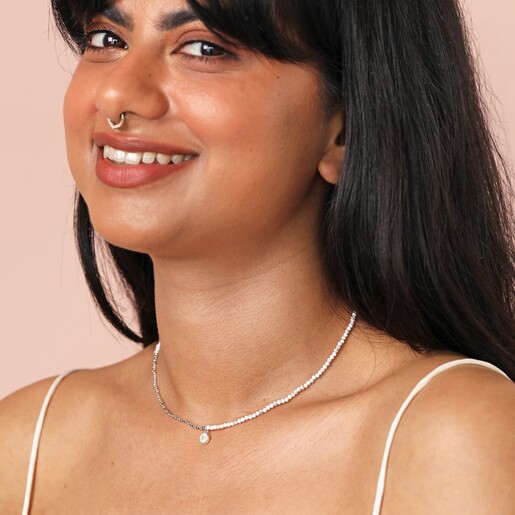 Daisy Charm White & Silver Beaded Necklace on model