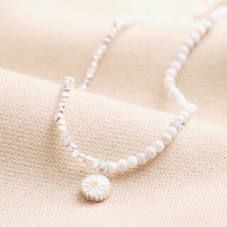 Daisy Charm White Beaded Necklace in Silver