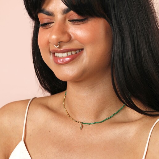 model shot of the Green Stone Beaded Shell Pendant Necklace in Gold