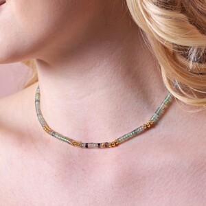 Light Green Prehnite Heishi Bead Necklace With Navy Beads