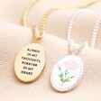 Front of Meaningful Word Enamel Flower Pendant Necklace in Silver with back of gold version showing quote on neutral material