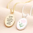 Front of Meaningful Word Enamel Flower Pendant Necklace in Silver with back of gold version showing quote on neutral material