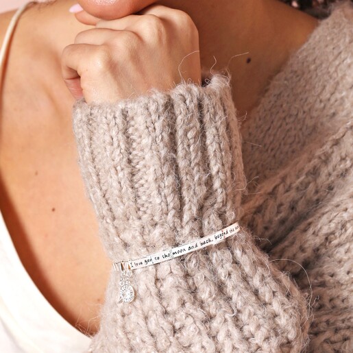 Bracelet on Model Moon and Sun Meaningful Word Bangle in Silver on model