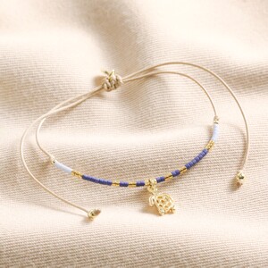 Navy Blue Beaded Anklet /Bracelet With Turtle Charm In Gold