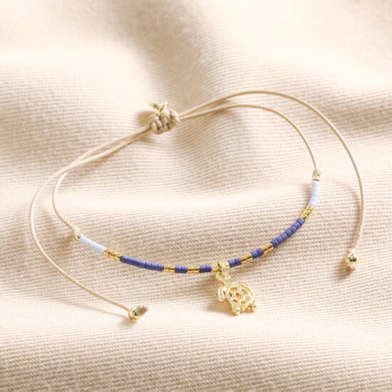 Blue Miyuki Bead Turtle Charm Cord Anklet in Gold	