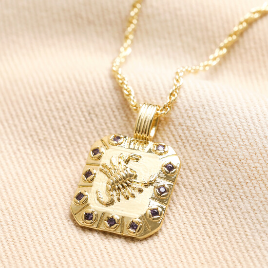 Scorpio Square Crystal Zodiac Pendant Necklace in Gold