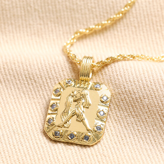 Aquarius Square Crystal Zodiac Pendant Necklace in Gold