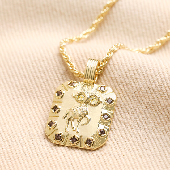 Aries Square Crystal Zodiac Pendant Necklace in Gold