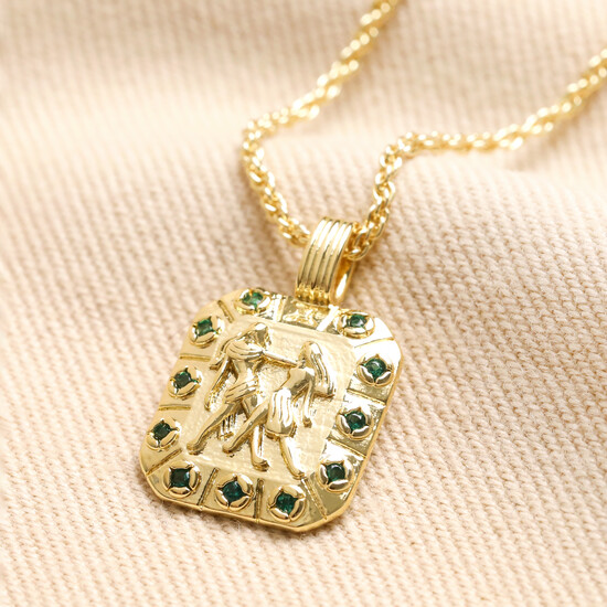 Gemini Square Crystal Zodiac Pendant Necklace in Gold