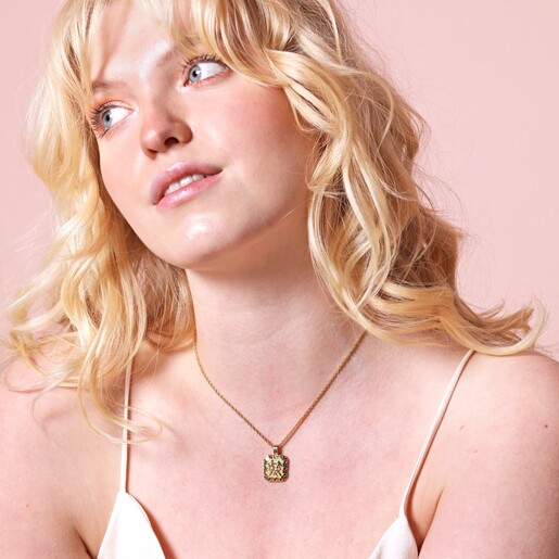 Gemini Necklace on Model Gemini Crystal Square Zodiac Pendant Necklace in Gold on Model
