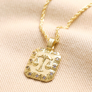 Libra Square Crystal Zodiac Pendant Necklace in Gold