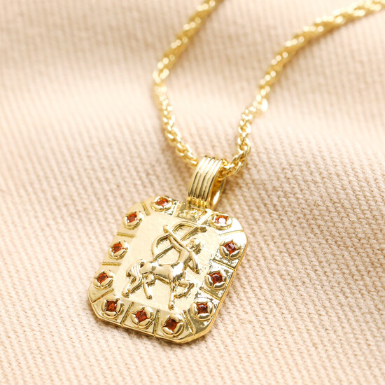 Sagittarius Square Crystal Zodiac Pendant Necklace in Gold