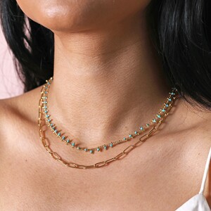 Teal Stone Droplet and Cable Chain Layered Necklace in Gold