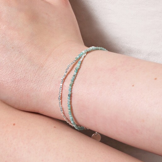 Model Wears Blue Semi-Precious Stone Layered Beaded Bracelet in Silver