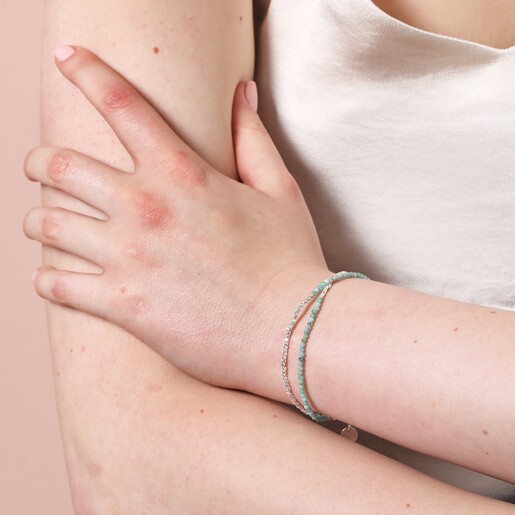 Blue Semi-Precious Stone Layered Beaded Bracelet in Silver on Model