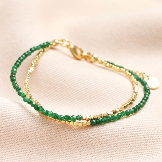Green Semi-Precious Stone Layered Beaded Bracelet in Gold