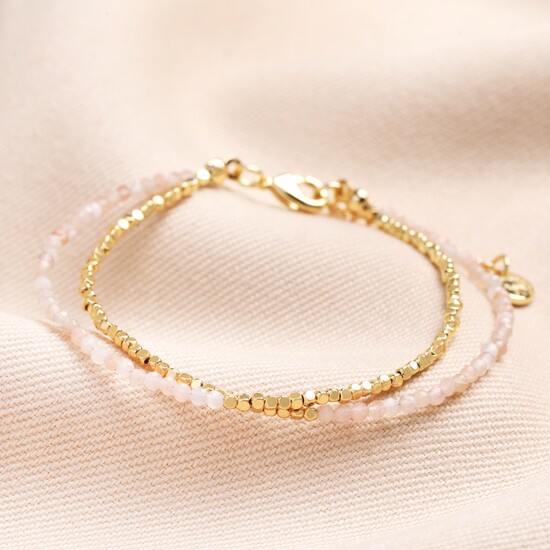 Pink Semi-Precious Stone Layered Beaded Bracelet in Gold