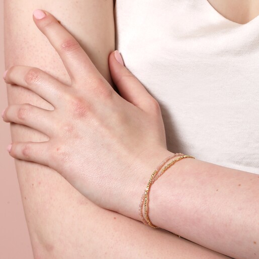 Pink Semi-Precious Stone Layered Beaded Bracelet in Gold on Model