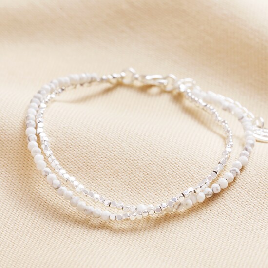 White Semi-Precious Stone Layered Beaded Bracelet in Silver