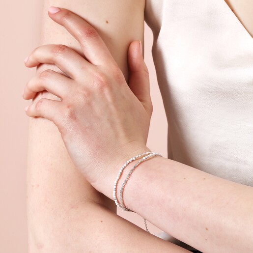 White Semi-Precious Stone Layered Beaded Bracelet in Silver on Model