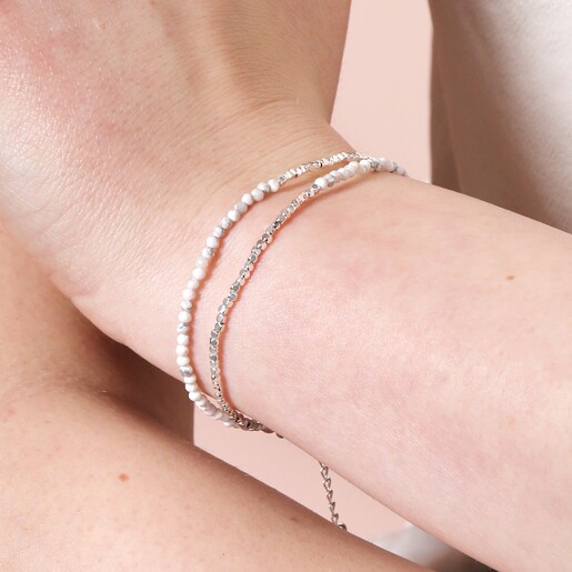 Close Up of White Semi-Precious Stone Layered Beaded Bracelet in Silver on Model