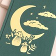 Close Up of Gold Foil Celestial Toadstool Green Fabric Notebook Detailing