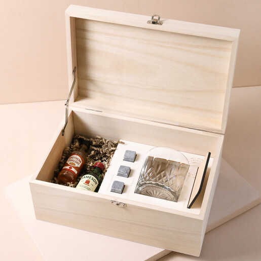Personalised Small Whisky Stones Hamper open on top of beige coloured backdrop