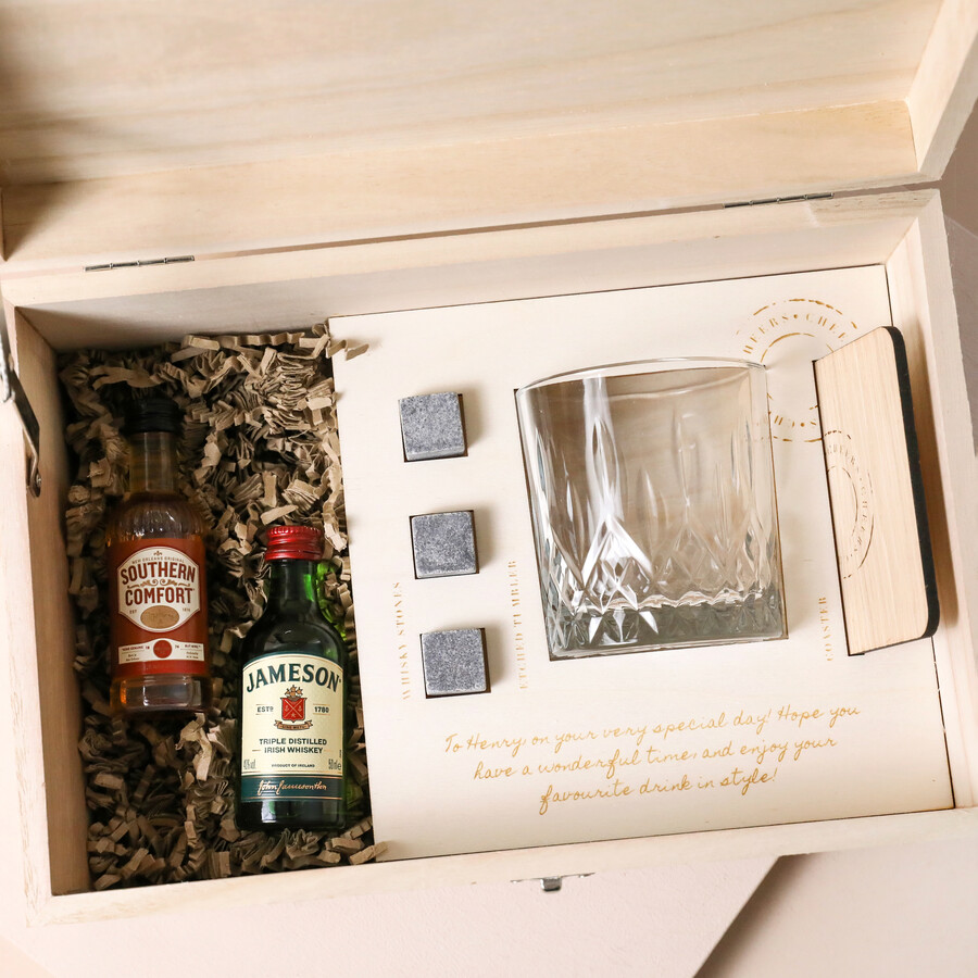 Personalised Small Whisky Stones Hamper open with products inside