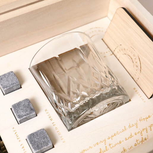Close up of whisky glass inside of Personalised Small Whisky Stones Hamper