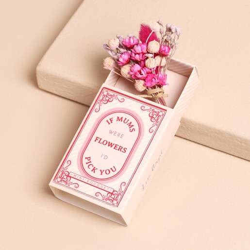 Inside Mum Tiny Matchbox Dried Flower Posy on Beige Background
