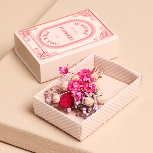 Close Up Mum Tiny Matchbox Dried Flower Posy on Beige Background