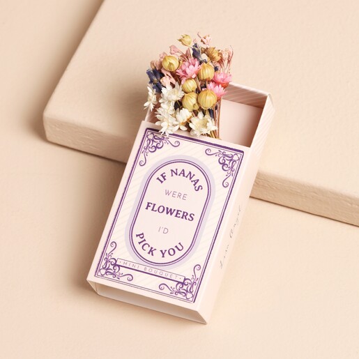 Nana Tiny Matchbox Dried Flower Posy on Beige Background