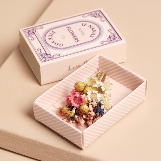 Inside Nana Tiny Matchbox Dried Flower Posy on Beige Background