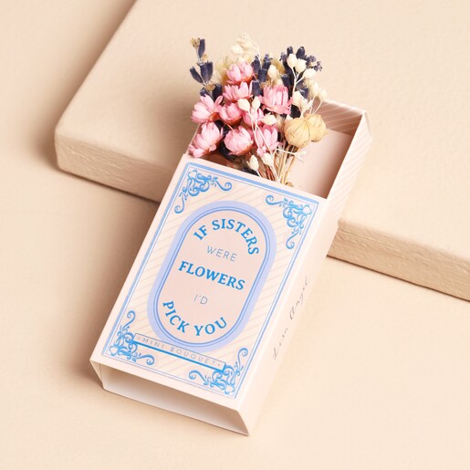 Sister Tiny Matchbox Dried Flower Posy on Beige Background