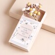 Thank You For Bee-ing My Teacher Dried Flower Matchbox Posy open featuring yellow, purple and white dried flowers.