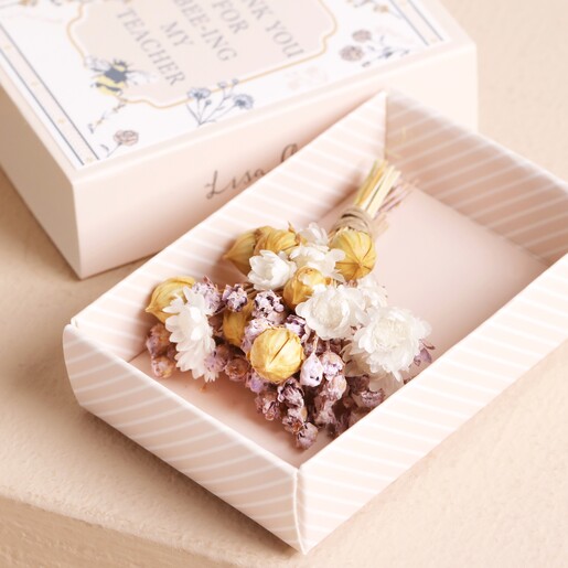 Inside Thank You For Bee-ing My Teacher Dried Flower Matchbox Posyfeaturing yellow, purple