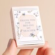 Matchbox text reads 'thank you for being my teacher' featurng a floral illustration and a bee pun.