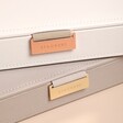 Close up of buckles on Personalised Stackers Classic Jewellery Boxes in white and taupe