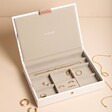 Personalised Stackers Classic Jewellery Box in White open showing jewellery inside against neutral background