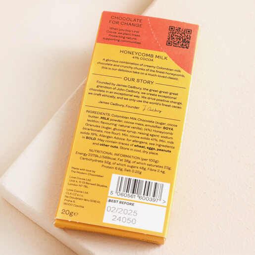 Back of Love Cocoa Mini Honeycomb 41% Milk Chocolate Bar showing ingredients and nutritional information