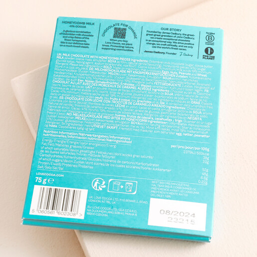 Back of Love Cocoa Thank You Honeycomb Chocolate Bar showing ingredients