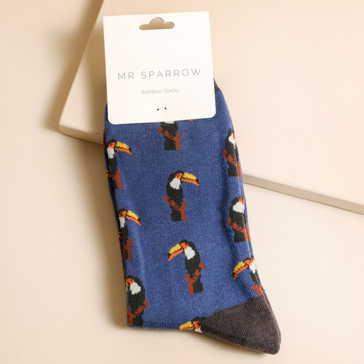 Mr Sparrow Men's Bamboo Toucan Socks on Beige Platform