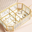 Four Compartments of Large Ribbed Glass Jewellery Box in Gold