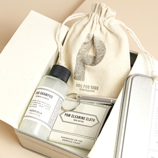 Norfolk Natural Living Dog Walking Kit open showing items inside tin