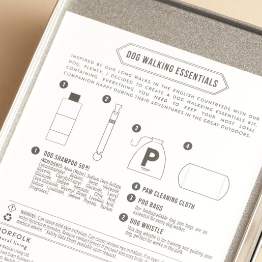 Back of tin showing insides of Norfolk Natural Living Dog Walking Kit 