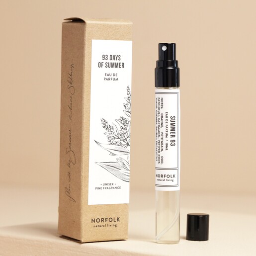 Norfolk Natural Living 93 Days of Summer Parfum with perfume outside of packaging against beige coloured background