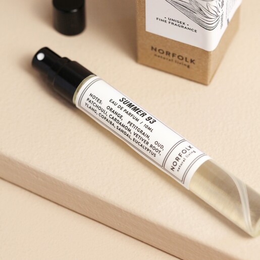 Close up of bottle from Norfolk Natural Living 93 Days of Summer Parfum outside of packaging against neutral coloured backdrop