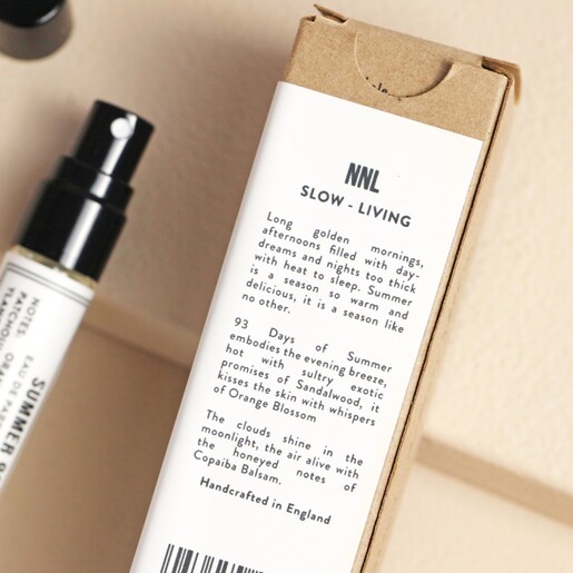 Close up of wording on side of Norfolk Natural Living 93 Days of Summer Parfum packaging