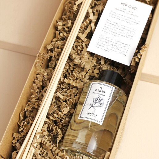 Close up of bottle and reeds from Norfolk Natural Living En Plein Air Reed Diffuser inside of packaging