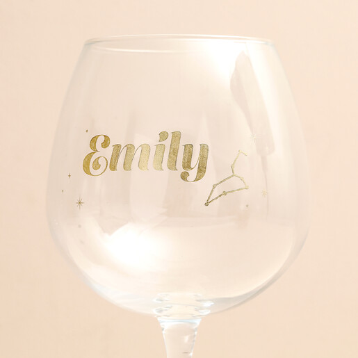 Close up of personalisation on Personalised Gold Name and Constellation Gin Glass